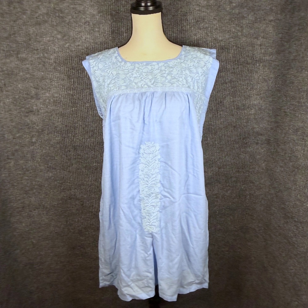 J. Marie Embroidered Shift Dress Sz M Tencel Linen Blue Boho Flutter Cap Sleeve